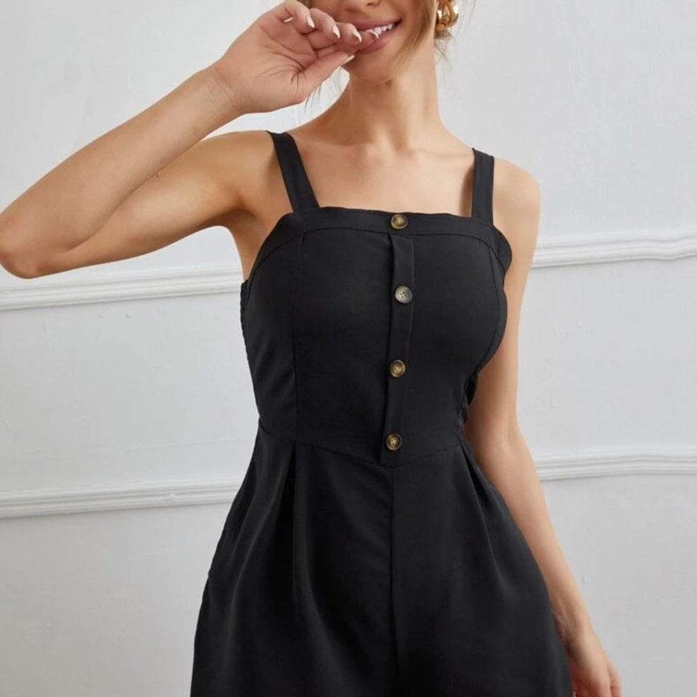 Women's SHEIN Solid Shirred Back Cami Romper